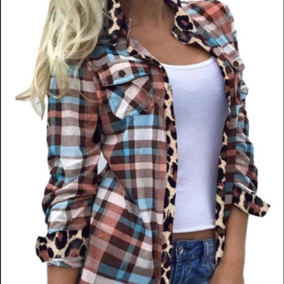 Plaid Print Leopard Trim Shirt Jacket - Picture 1 of 5